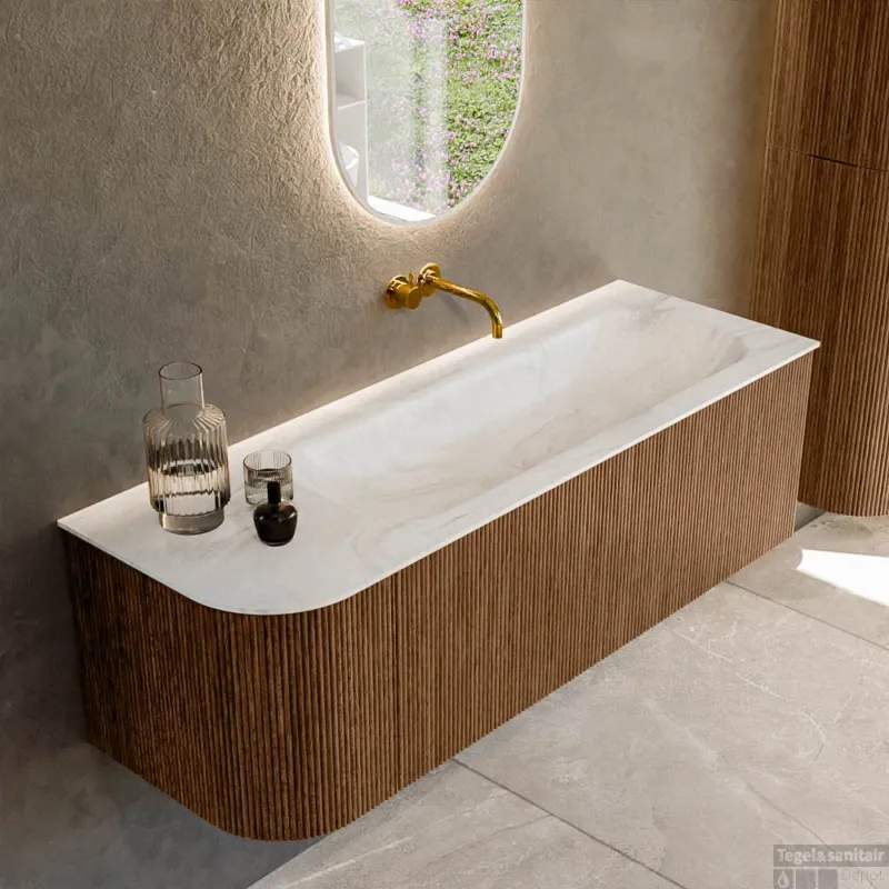 Shop Nu Mondiaz KURVE-DLUX 135 cm Onderkast Greeploos 1 Lade Met Deuren Walnut, Wastafel Solid Surface Rechts Ostra 0 Kraangaten Zonder Spiegel (KRVBGM135L1L1D0KR-Wal/Ost)