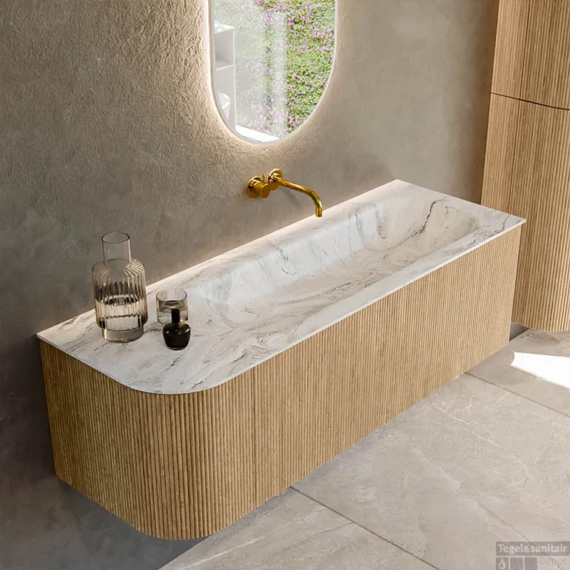 Mondiaz KURVE-DLUX 135 cm Onderkast Greeploos 1 Lade Met Deuren Oak, Wastafel Solid Surface Rechts Glace 0 Kraangaten Zonder Spiegel (KRVBGM135L1L1D0KR-Oak/Gla) Bestel Nu