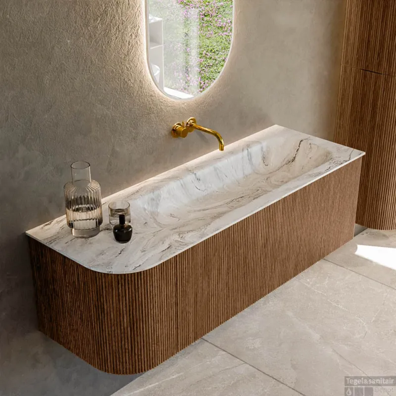 Voordeelprijs Mondiaz KURVE-DLUX 135 cm Onderkast Greeploos 1 Lade Met Deuren Walnut, Wastafel Solid Surface Rechts Glace 0 Kraangaten Zonder Spiegel (KRVBGM135L1L1D0KR-Wal/Gla)