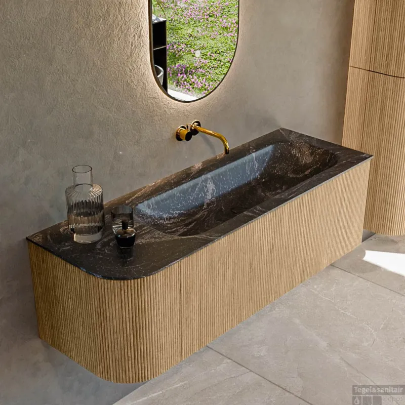 Gereduceerde Prijs Mondiaz KURVE-DLUX 135 cm Onderkast Greeploos 1 Lade Met Deuren Oak, Wastafel Solid Surface Rechts Lava 0 Kraangaten Zonder Spiegel (KRVBGM135L1L1D0KR-Oak/Lav)
