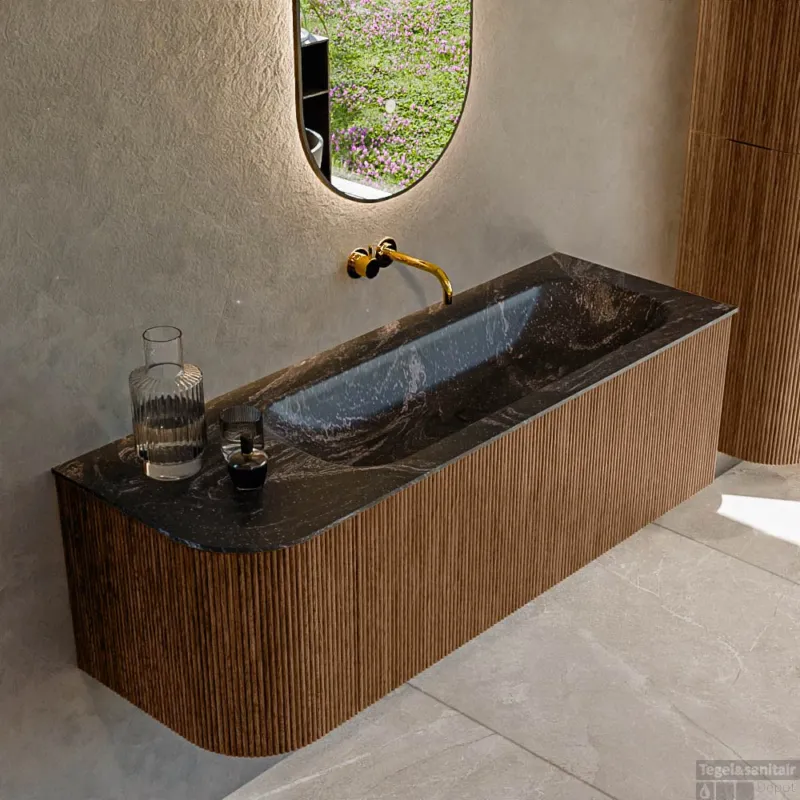 Mondiaz KURVE-DLUX 135 cm Onderkast Greeploos 1 Lade Met Deuren Walnut, Wastafel Solid Surface Rechts Lava 0 Kraangaten Zonder Spiegel (KRVBGM135L1L1D0KR-Wal/Lav) Hete Deal