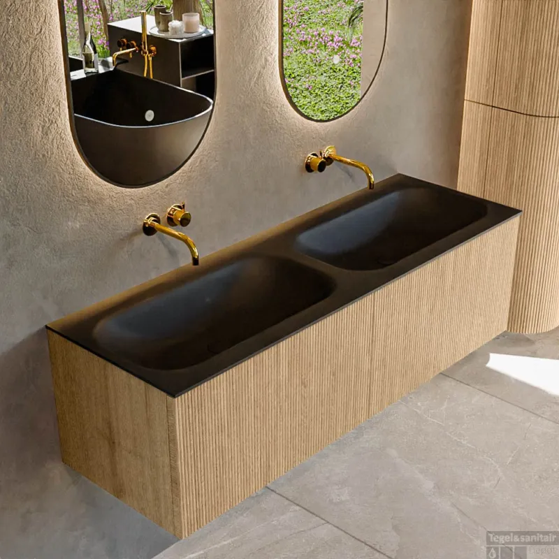 Mondiaz KURVE 140 cm Onderkast Greeploos 2 Lades Zonder Deuren Oak, Wastafel Solid Surface Dubbel Urban 0 Kraangaten Zonder Spiegel (KRVBGS1402L0D0KD-Oak/Urb) Uitverkoop