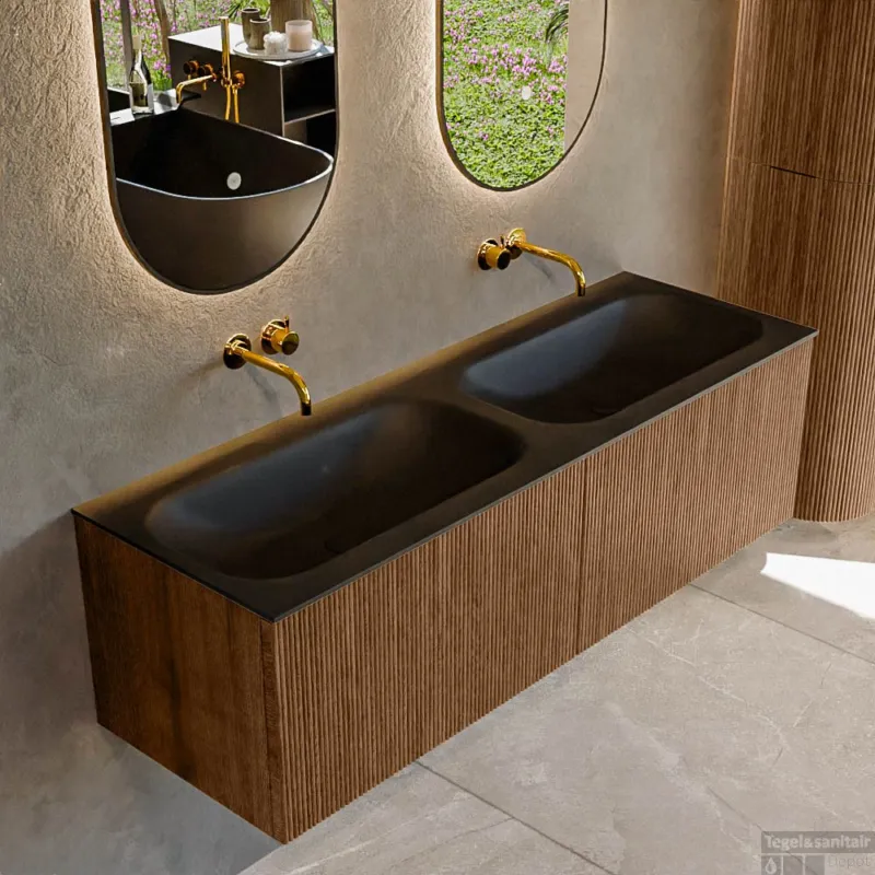 Mondiaz KURVE 140 cm Onderkast Greeploos 2 Lades Zonder Deuren Walnut, Wastafel Solid Surface Dubbel Urban 0 Kraangaten Zonder Spiegel (KRVBGS1402L0D0KD-Wal/Urb) Koop Online