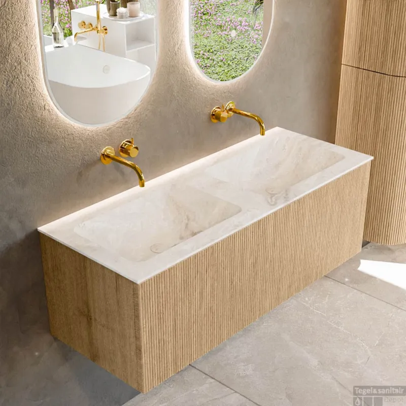 Dagaanbieding Mondiaz KURVE-DLUX 120 cm Onderkast Greeploos 1 Lade Zonder Deuren Oak, Wastafel Solid Surface Dubbel Frappe 0 Kraangaten Zonder Spiegel (KRVLEA1201L0D0KD-Oak/Fra)