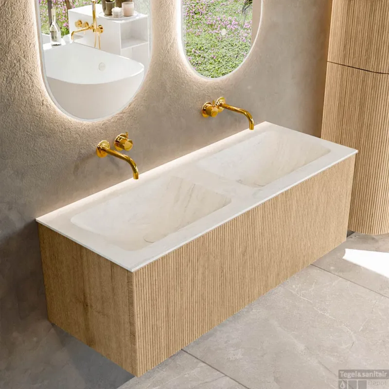 Must-Have Mondiaz KURVE-DLUX 120 cm Onderkast Greeploos 1 Lade Zonder Deuren Oak, Wastafel Solid Surface Dubbel Opalo 0 Kraangaten Zonder Spiegel (KRVLEA1201L0D0KD-Oak/Opa)