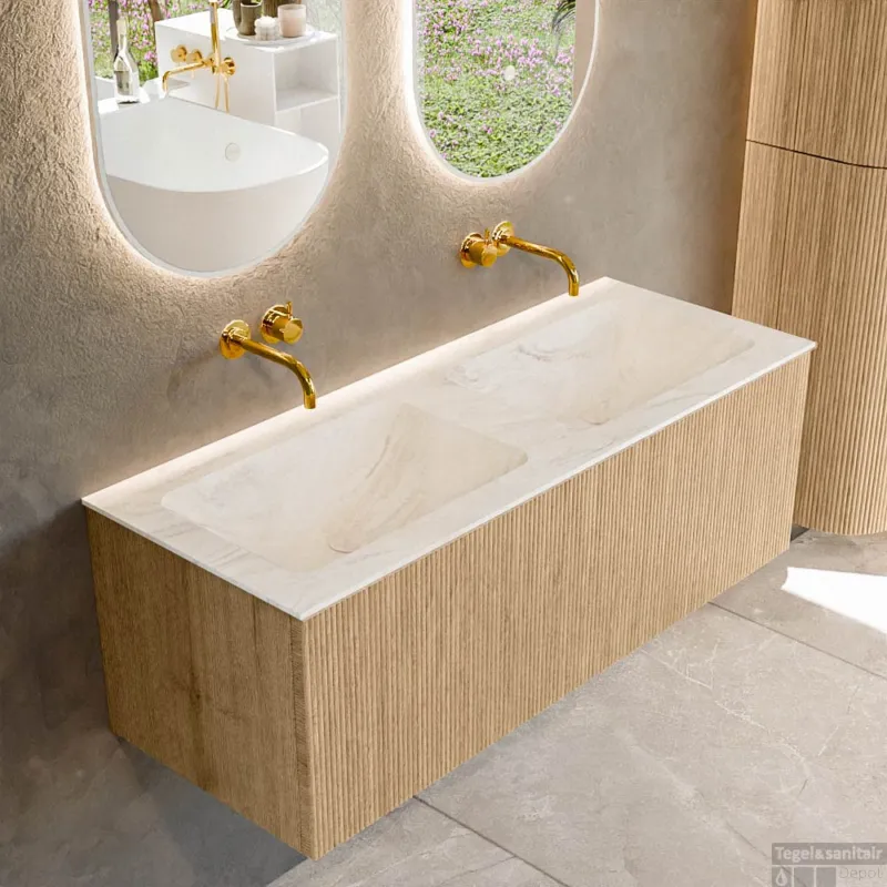 Favoriet Mondiaz KURVE-DLUX 120 cm Onderkast Greeploos 1 Lade Zonder Deuren Oak, Wastafel Solid Surface Dubbel Ostra 0 Kraangaten Zonder Spiegel (KRVLEA1201L0D0KD-Oak/Ost)