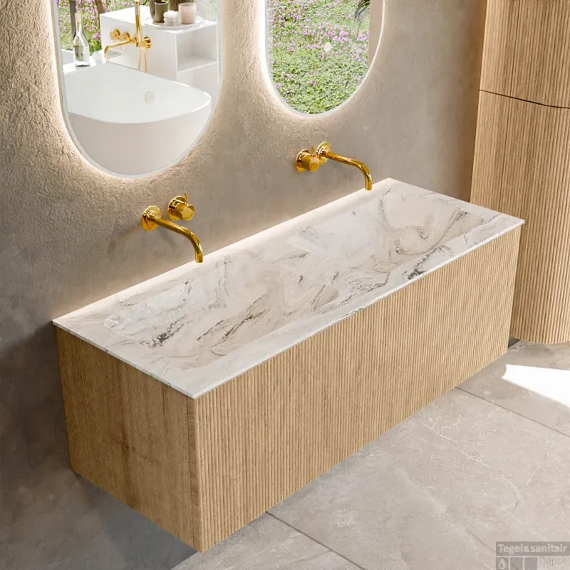Hoge Kwaliteit Mondiaz KURVE-DLUX 120 cm Onderkast Greeploos 1 Lade Zonder Deuren Oak, Wastafel Solid Surface Dubbel Glace 0 Kraangaten Zonder Spiegel (KRVLEA1201L0D0KD-Oak/Gla)
