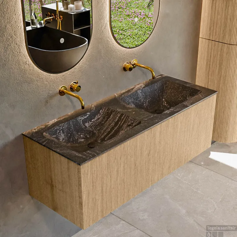 Mondiaz KURVE-DLUX 120 cm Onderkast Greeploos 1 Lade Zonder Deuren Oak, Wastafel Solid Surface Dubbel Lava 0 Kraangaten Zonder Spiegel (KRVLEA1201L0D0KD-Oak/Lav) Nieuw