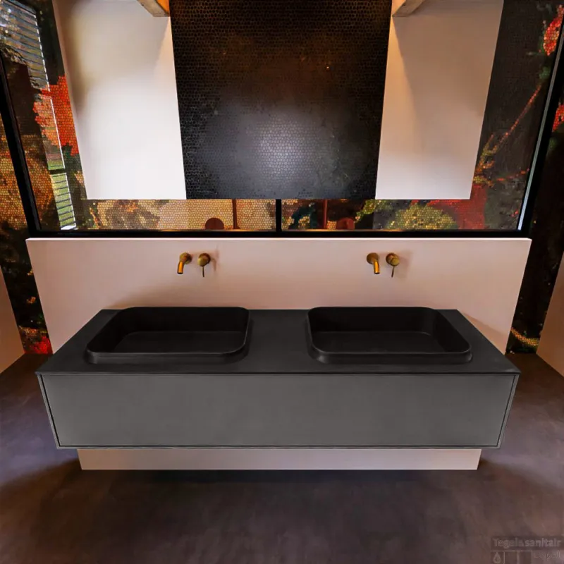 Korting Badkamermeubelset Mondiaz Erin 150 cm met 1 Lade met RIDGE Wastafel Dubbel Urban Zonder Kraangaten Greeploos Mat Dark Grey