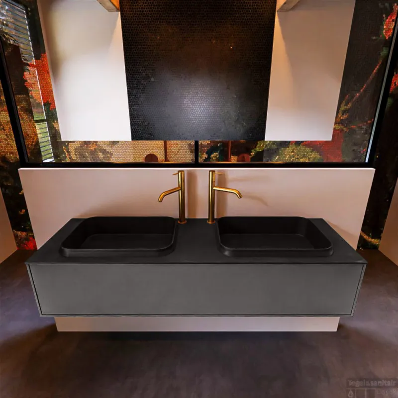 Nu Kopen Badkamermeubelset Mondiaz Erin 150 cm met 1 Lade met RIDGE Wastafel Dubbel Urban met 2 kraangaten Greeploos Mat Dark Grey