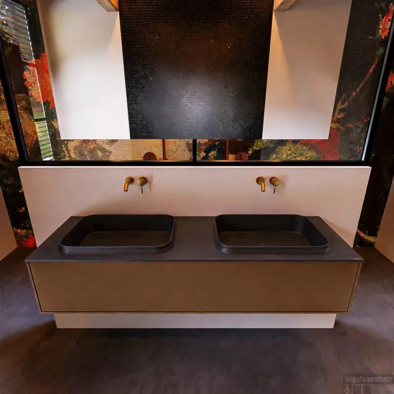 Badkamermeubelset Mondiaz Erin 150 cm met 1 Lade met RIDGE Wastafel Dubbel Urban Zonder Kraangaten Greeploos Mat Rust Shop Nu