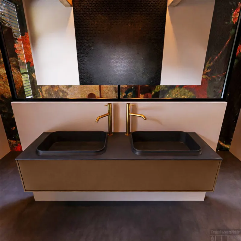 Must-Have Badkamermeubelset Mondiaz Erin 150 cm met 1 Lade met RIDGE Wastafel Dubbel Urban met 2 kraangaten Greeploos Mat Rust