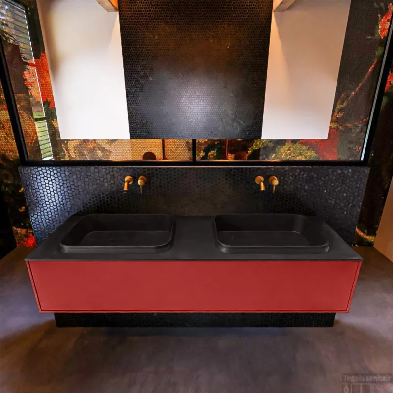 Badkamermeubelset Mondiaz Erin 150 cm met 1 Lade met RIDGE Wastafel Dubbel Urban Zonder Kraangaten Greeploos Mat Fire Rechtstreeks Van De Fabrikant