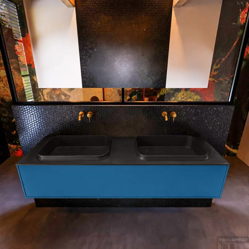Actieprijs Badkamermeubelset Mondiaz Erin 150 cm met 1 Lade met RIDGE Wastafel Dubbel Urban Zonder Kraangaten Greeploos Mat Jeans
