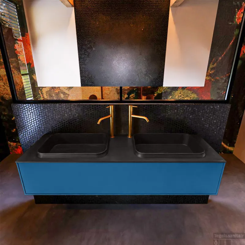 Badkamermeubelset Mondiaz Erin 150 cm met 1 Lade met RIDGE Wastafel Dubbel Urban met 2 kraangaten Greeploos Mat Jeans Nu Kopen