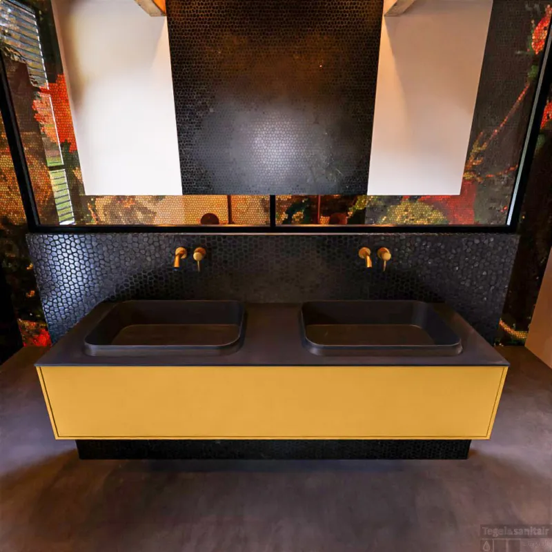 Badkamermeubelset Mondiaz Erin 150 cm met 1 Lade met RIDGE Wastafel Dubbel Urban Zonder Kraangaten Greeploos Mat Ocher Hoge Kwaliteit