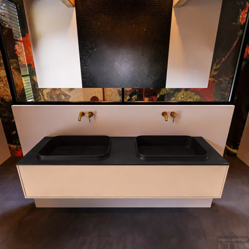 Direct Verzonden Badkamermeubelset Mondiaz Erin 150 cm met 1 Lade met RIDGE Wastafel Dubbel Urban Zonder Kraangaten Greeploos Mat Rosee