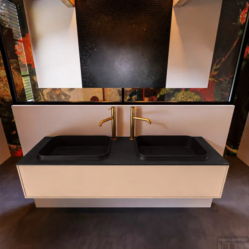 Badkamermeubelset Mondiaz Erin 150 cm met 1 Lade met RIDGE Wastafel Dubbel Urban met 2 kraangaten Greeploos Mat Rosee Korting