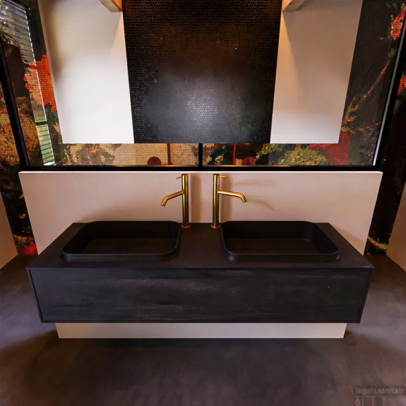 Badkamermeubelset Mondiaz Erin 150 cm met 1 Lade met RIDGE Wastafel Dubbel Urban met 2 kraangaten Greeploos Mat Dark Brown Lage Kosten