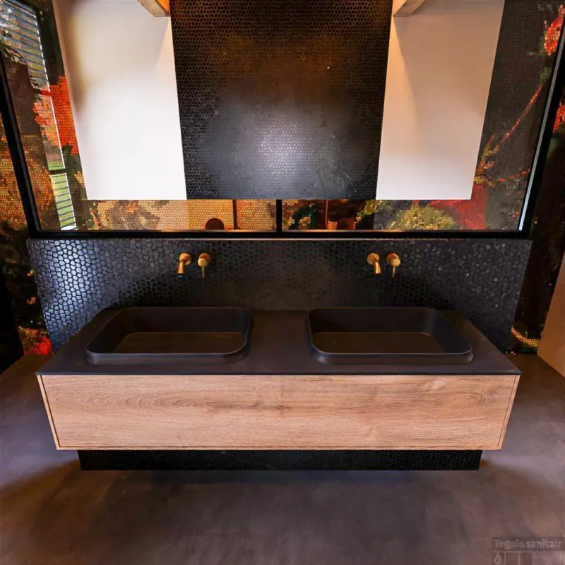 Nieuw Badkamermeubelset Mondiaz Erin 150 cm met 1 Lade met RIDGE Wastafel Dubbel Urban Zonder Kraangaten Greeploos Mat Washed Oak