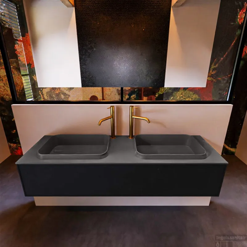 Favoriet Badkamermeubelset Mondiaz Erin 150 cm met 1 Lade met RIDGE Wastafel Dubbel Dark grey met 2 kraangaten Greeploos Mat Urban
