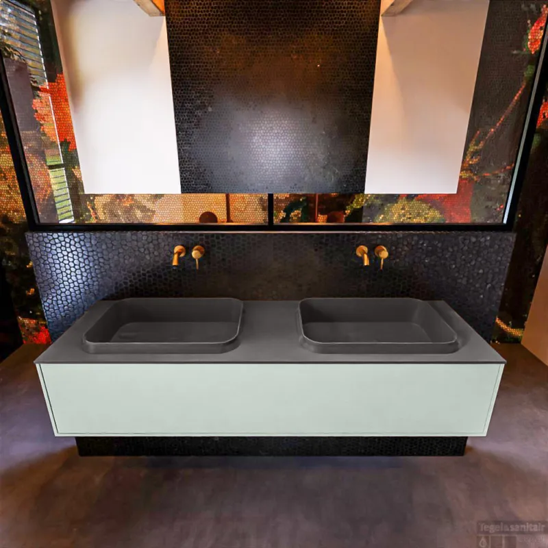 Badkamermeubelset Mondiaz Erin 150 cm met 1 Lade met RIDGE Wastafel Dubbel Dark grey Zonder Kraangaten Greeploos Mat Greey Laatste Kans