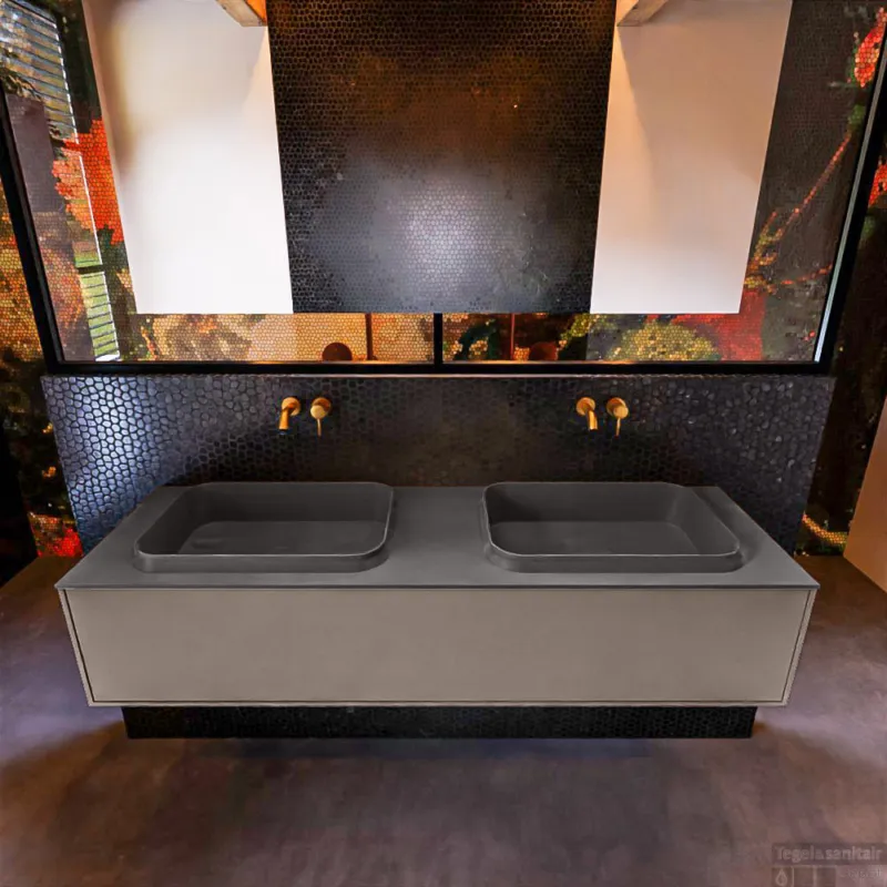 Badkamermeubelset Mondiaz Erin 150 cm met 1 Lade met RIDGE Wastafel Dubbel Dark grey Zonder Kraangaten Greeploos Mat Smoke Veilige Betaling