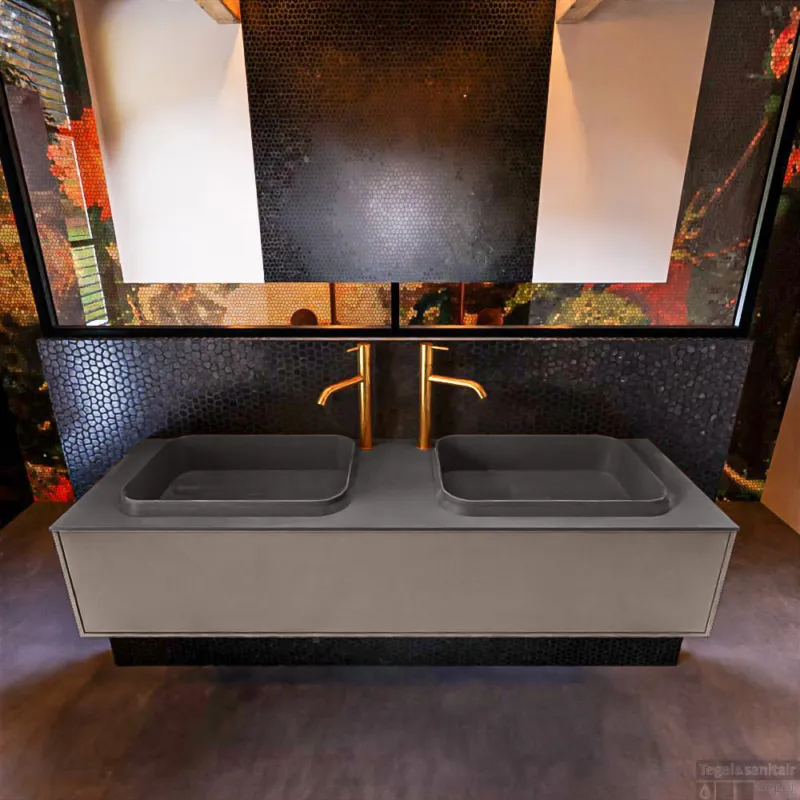 Lage Prijs Badkamermeubelset Mondiaz Erin 150 cm met 1 Lade met RIDGE Wastafel Dubbel Dark grey met 2 kraangaten Greeploos Mat Smoke