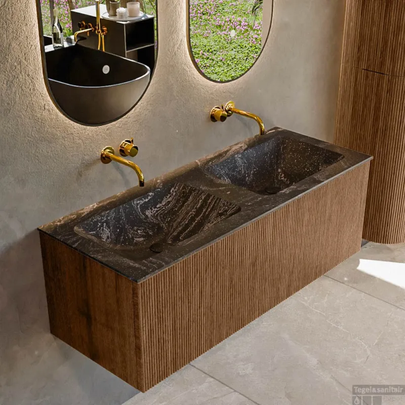 Mondiaz KURVE-DLUX 120 cm Onderkast Greeploos 1 Lade Zonder Deuren Walnut, Wastafel Solid Surface Dubbel Lava 0 Kraangaten Zonder Spiegel (KRVLEA1201L0D0KD-Wal/Lav) Betaalbaar