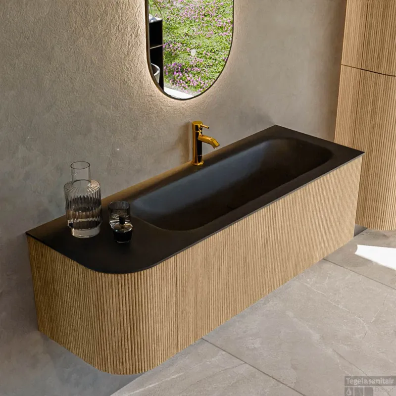 Goedkoop Mondiaz KURVE 135 cm Onderkast Greeploos 1 Lade Met Deuren Oak, Wastafel Solid Surface Rechts Urban 1 Kraangat Zonder Spiegel (KRVBGM135L1L1D1KR-Oak/Urb)