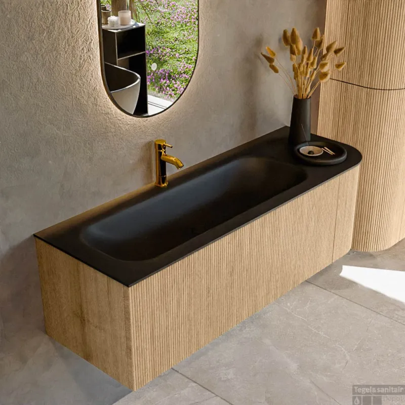 Veilige Betaling Mondiaz KURVE 135 cm Onderkast Greeploos 1 Lade Met Deuren Oak, Wastafel Solid Surface Links Urban 1 Kraangat Zonder Spiegel (KRVBGM135R1L1D1KL-Oak/Urb)