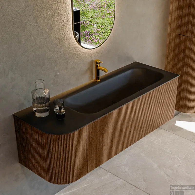 Koopje Mondiaz KURVE 135 cm Onderkast Greeploos 1 Lade Met Deuren Walnut, Wastafel Solid Surface Rechts Urban 1 Kraangat Zonder Spiegel (KRVBGM135L1L1D1KR-Wal/Urb)