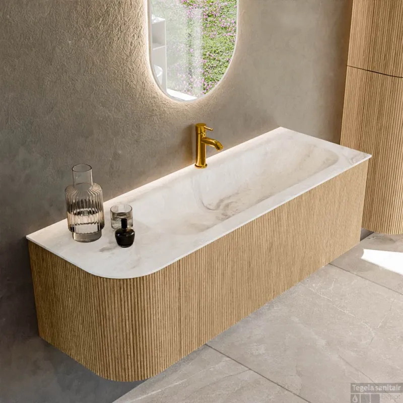 Flitsaanbieding Mondiaz KURVE-DLUX 135 cm Onderkast Greeploos 1 Lade Met Deuren Oak, Wastafel Solid Surface Rechts Frappe 1 Kraangat Zonder Spiegel (KRVBGM135L1L1D1KR-Oak/Fra)