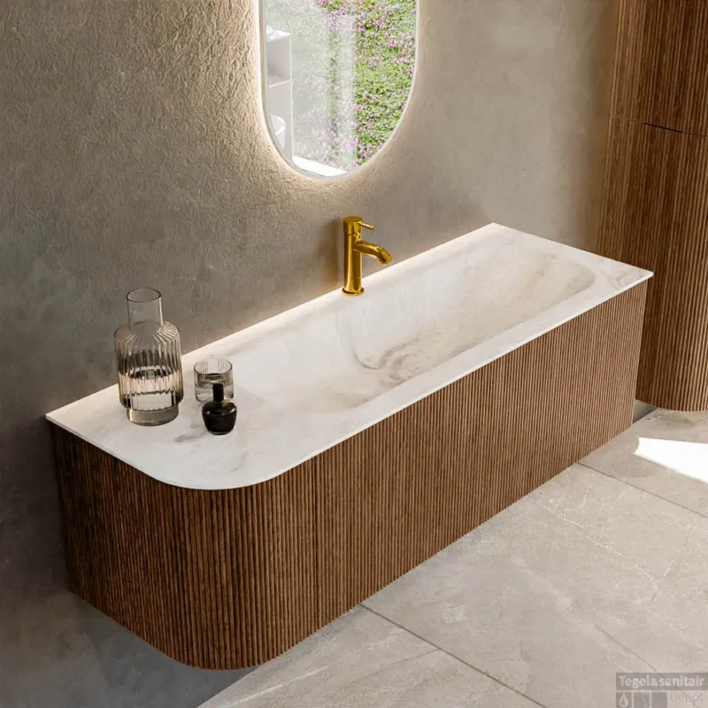 Mondiaz KURVE-DLUX 135 cm Onderkast Greeploos 1 Lade Met Deuren Walnut, Wastafel Solid Surface Rechts Frappe 1 Kraangat Zonder Spiegel (KRVBGM135L1L1D1KR-Wal/Fra) Veilige Betaling