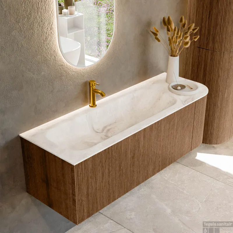 Aanbieding Mondiaz KURVE-DLUX 135 cm Onderkast Greeploos 1 Lade Met Deuren Walnut, Wastafel Solid Surface Links Frappe 1 Kraangat Zonder Spiegel (KRVBGM135R1L1D1KL-Wal/Fra)