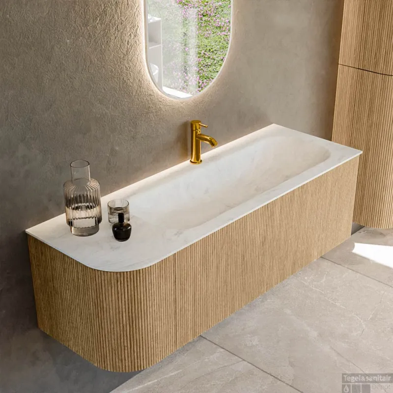 Mondiaz KURVE-DLUX 135 cm Onderkast Greeploos 1 Lade Met Deuren Oak, Wastafel Solid Surface Rechts Opalo 1 Kraangat Zonder Spiegel (KRVBGM135L1L1D1KR-Oak/Opa) Meest Verkocht
