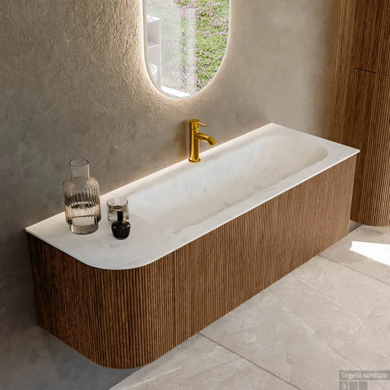 Mondiaz KURVE-DLUX 135 cm Onderkast Greeploos 1 Lade Met Deuren Walnut, Wastafel Solid Surface Rechts Opalo 1 Kraangat Zonder Spiegel (KRVBGM135L1L1D1KR-Wal/Opa) Koopje