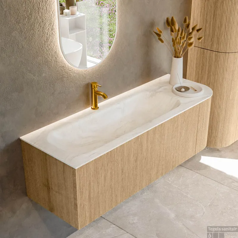 Betrouwbaar Mondiaz KURVE-DLUX 135 cm Onderkast Greeploos 1 Lade Met Deuren Oak, Wastafel Solid Surface Links Ostra 1 Kraangat Zonder Spiegel (KRVBGM135R1L1D1KL-Oak/Ost)