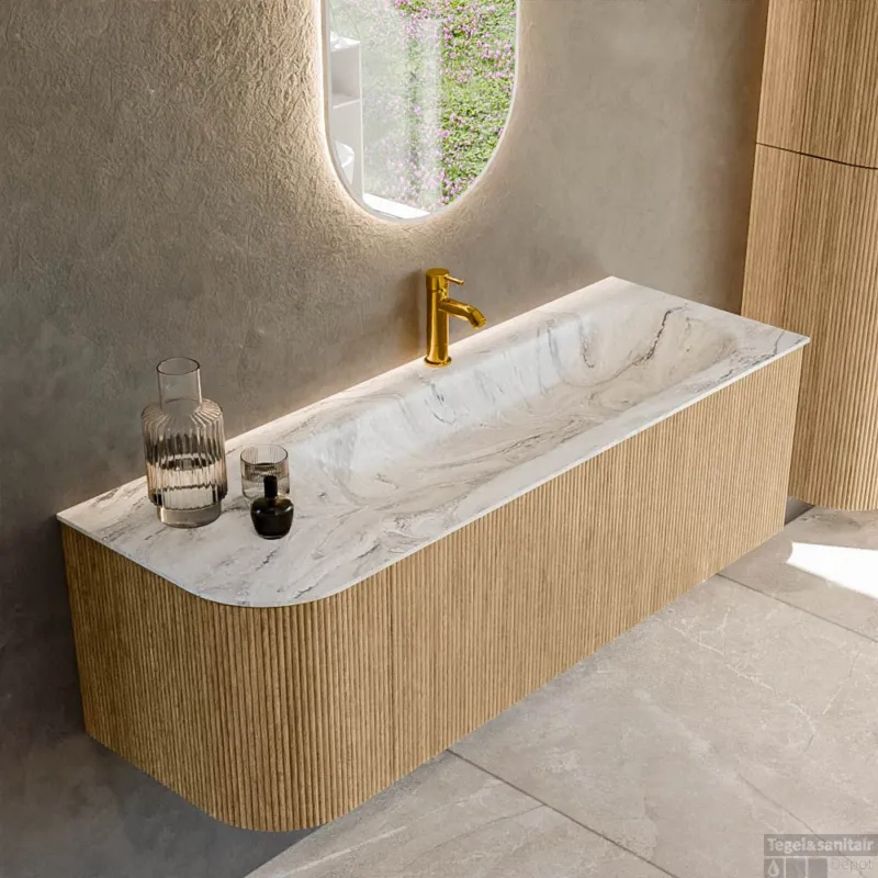 Mondiaz KURVE-DLUX 135 cm Onderkast Greeploos 1 Lade Met Deuren Oak, Wastafel Solid Surface Rechts Glace 1 Kraangat Zonder Spiegel (KRVBGM135L1L1D1KR-Oak/Gla) Favoriet