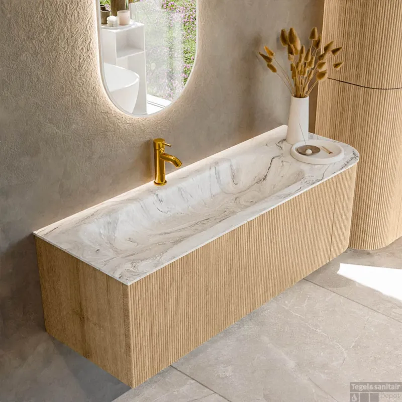Mondiaz KURVE-DLUX 135 cm Onderkast Greeploos 1 Lade Met Deuren Oak, Wastafel Solid Surface Links Glace 1 Kraangat Zonder Spiegel (KRVBGM135R1L1D1KL-Oak/Gla) Direct Beschikbaar