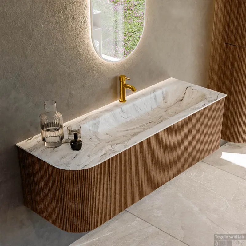 Mondiaz KURVE-DLUX 135 cm Onderkast Greeploos 1 Lade Met Deuren Walnut, Wastafel Solid Surface Rechts Glace 1 Kraangat Zonder Spiegel (KRVBGM135L1L1D1KR-Wal/Gla) Nu Kopen
