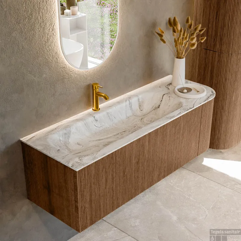 Speciale Aanbieding Mondiaz KURVE-DLUX 135 cm Onderkast Greeploos 1 Lade Met Deuren Walnut, Wastafel Solid Surface Links Glace 1 Kraangat Zonder Spiegel (KRVBGM135R1L1D1KL-Wal/Gla)
