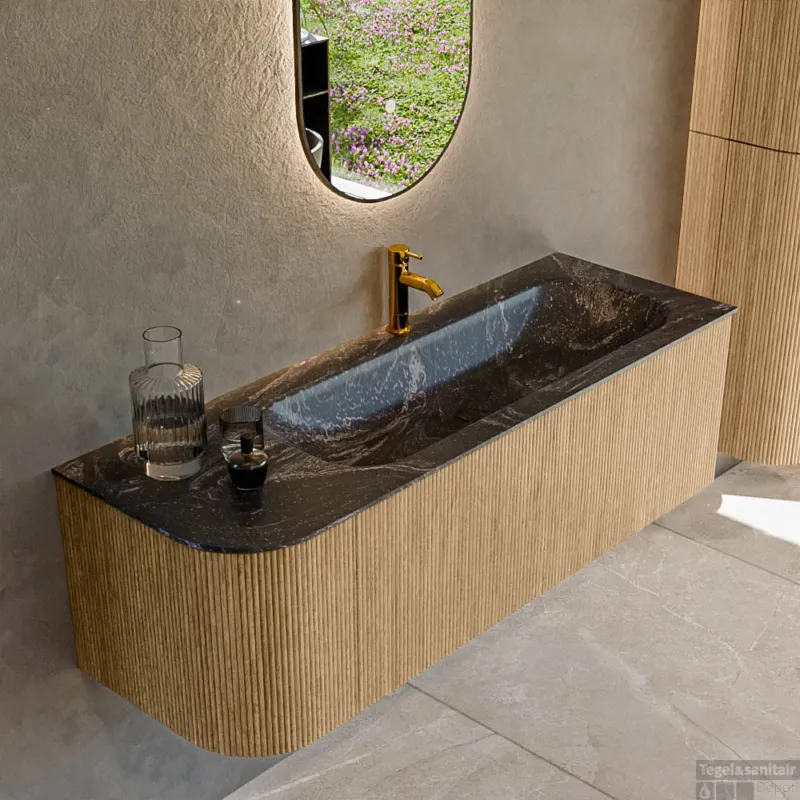 Direct Verzonden Mondiaz KURVE-DLUX 135 cm Onderkast Greeploos 1 Lade Met Deuren Oak, Wastafel Solid Surface Rechts Lava 1 Kraangat Zonder Spiegel (KRVBGM135L1L1D1KR-Oak/Lav)