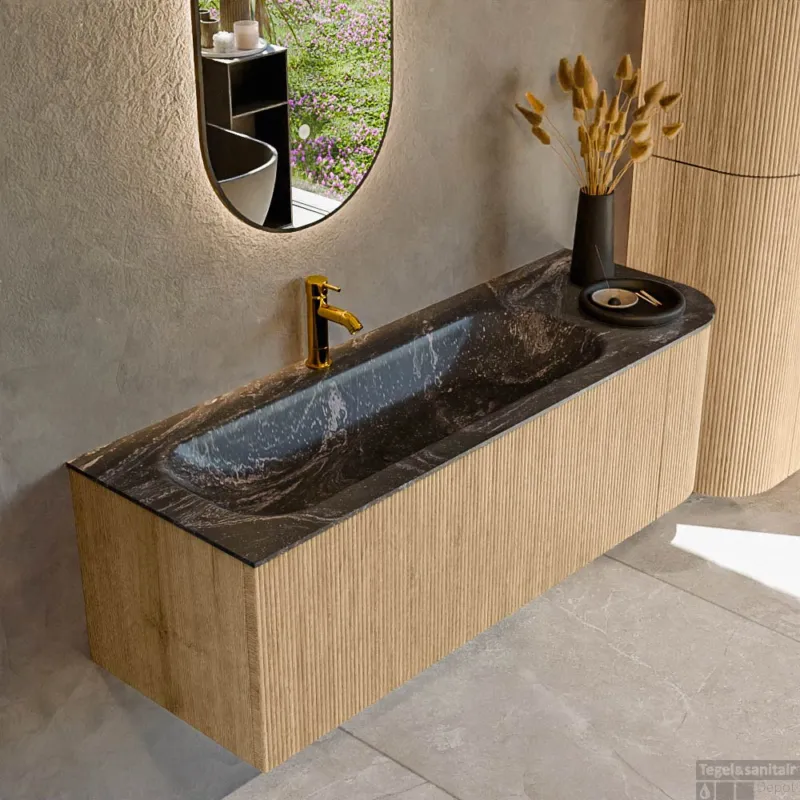 Weekendaanbieding Mondiaz KURVE-DLUX 135 cm Onderkast Greeploos 1 Lade Met Deuren Oak, Wastafel Solid Surface Links Lava 1 Kraangat Zonder Spiegel (KRVBGM135R1L1D1KL-Oak/Lav)