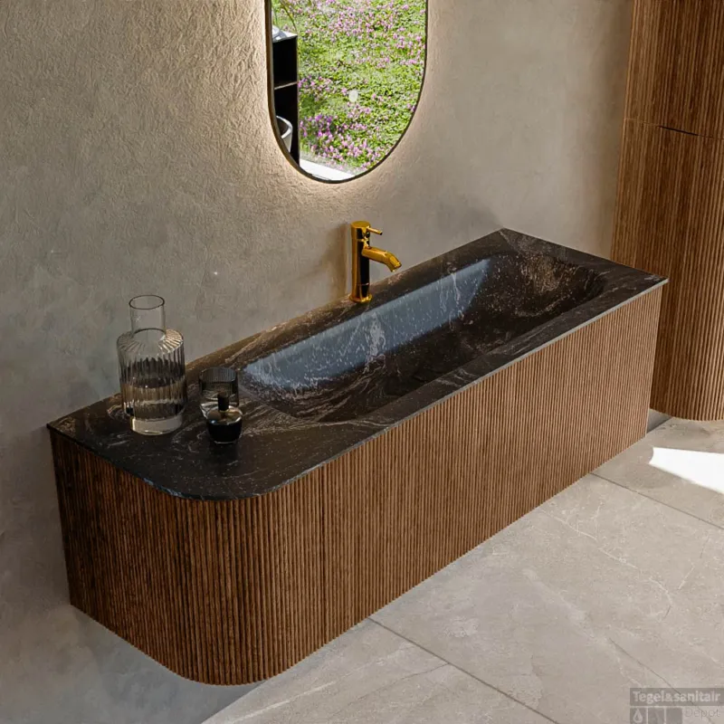Mondiaz KURVE-DLUX 135 cm Onderkast Greeploos 1 Lade Met Deuren Walnut, Wastafel Solid Surface Rechts Lava 1 Kraangat Zonder Spiegel (KRVBGM135L1L1D1KR-Wal/Lav) Lage Prijs