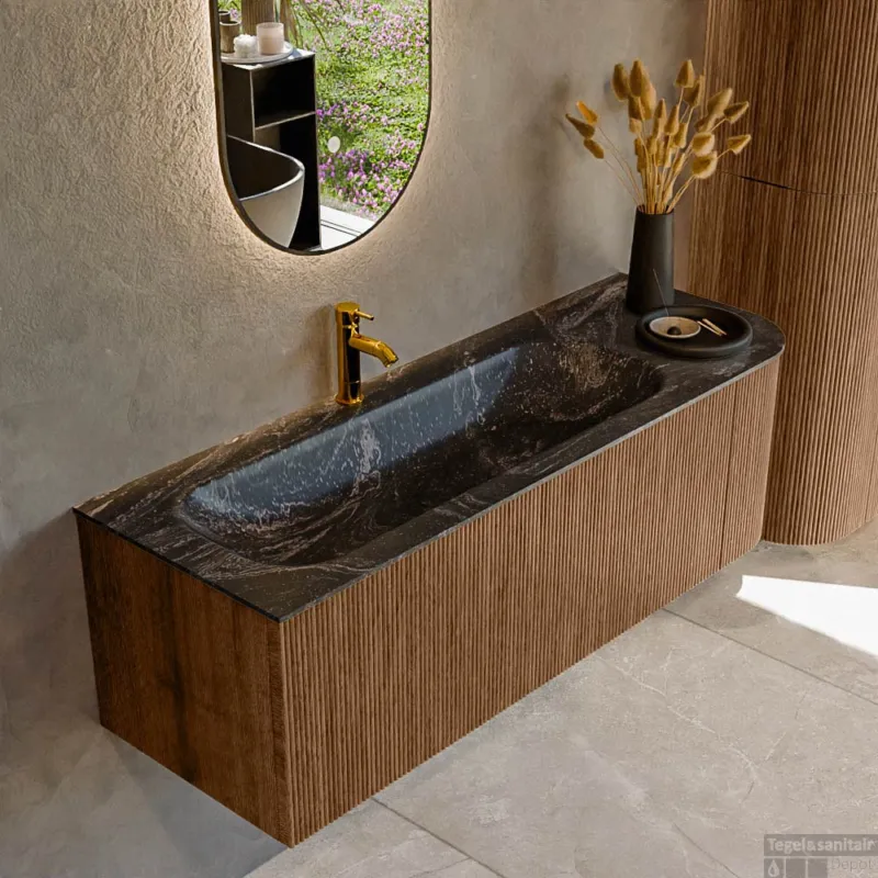 Bestel Nu Mondiaz KURVE-DLUX 135 cm Onderkast Greeploos 1 Lade Met Deuren Walnut, Wastafel Solid Surface Links Lava 1 Kraangat Zonder Spiegel (KRVBGM135R1L1D1KL-Wal/Lav)