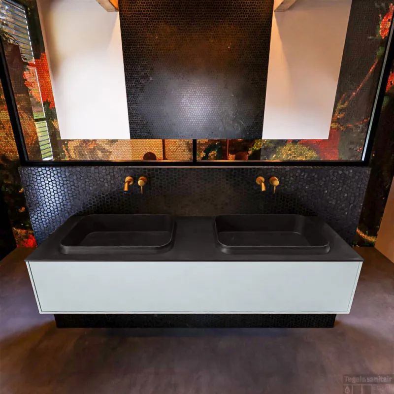 Badkamermeubelset Mondiaz Erin 150 cm met 1 Lade met RIDGE Wastafel Dubbel Urban Zonder Kraangaten Greeploos Mat Clay Korting