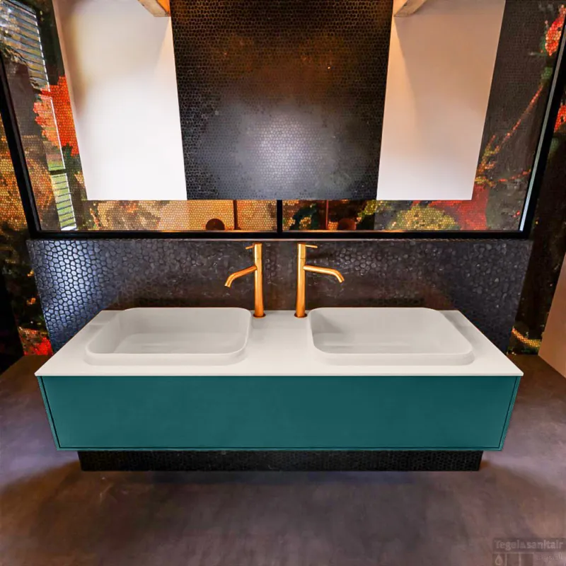 Badkamermeubelset Mondiaz Erin 150 cm met 1 Lade met RIDGE Wastafel Dubbel Linen met 2 kraangaten Greeploos Mat Smag Nieuw