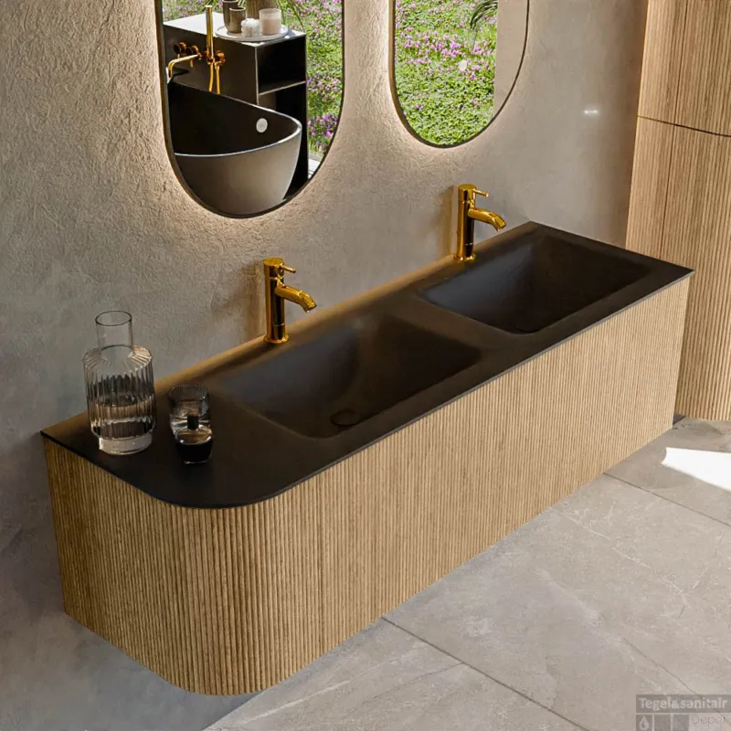 Nieuw Mondiaz KURVE 145 cm Onderkast Greeploos 1 Lade Met Deuren Oak, Wastafel Solid Surface Rechts Urban 2 Kraangaten Zonder Spiegel (KRVCLO145L1L1D2KD-Oak/Urb)