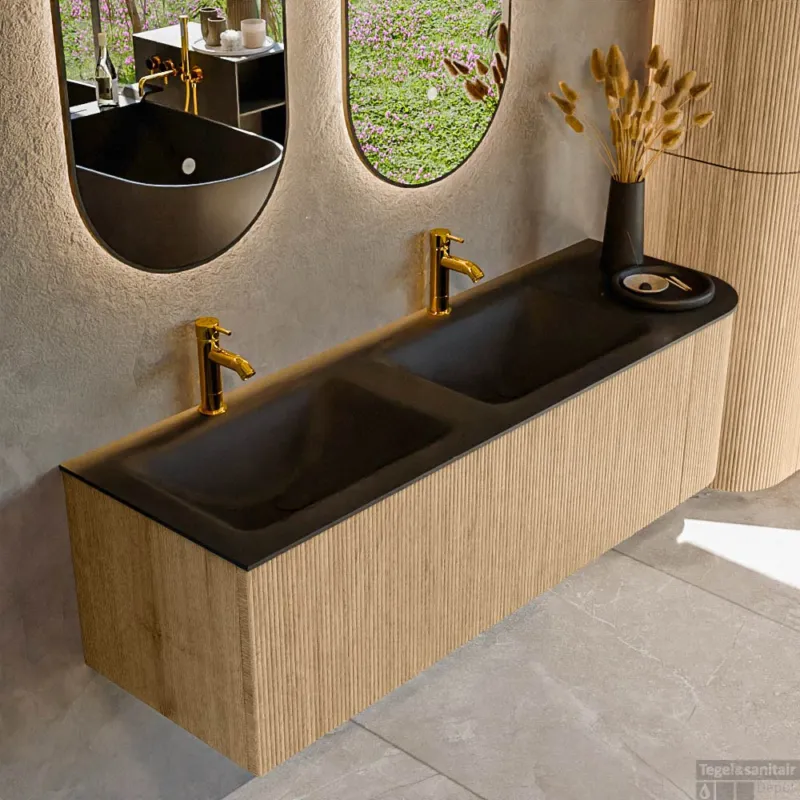 Gereduceerde Prijs Mondiaz KURVE 145 cm Onderkast Greeploos 1 Lade Met Deuren Oak, Wastafel Solid Surface Links Urban 2 Kraangaten Zonder Spiegel (KRVCLO145R1L1D2KD-Oak/Urb)